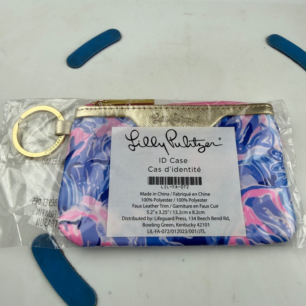 Lilly Pulitzer ID Case Key Ring Wallet Blue Pink Floral Gold Trim LIL-FA-072 NEW